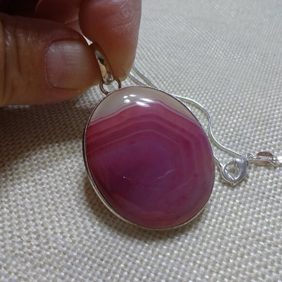 Beautiful PINK BOTSWANA AGATE Handmade Sterling 925 Pendant/Chain #500C - Picture 1 of 3